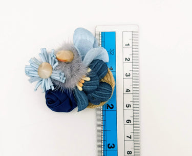 Hand Embroidered Blue Floral Applique With Feather Pom Poms and Stones, 2 Pcs
